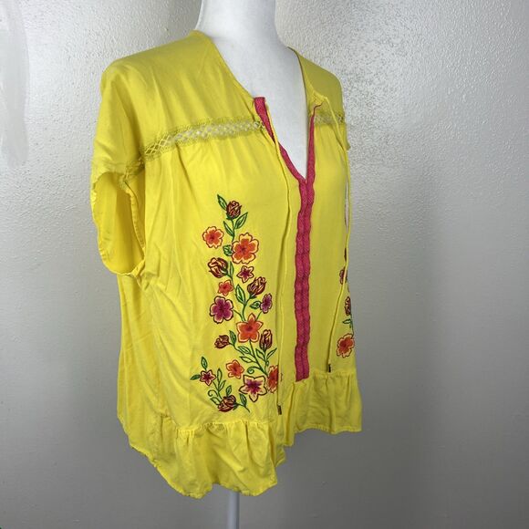 The Pioneer Woman Blouse Women Extra Large Yellow Pink Floral Embroider Boho Top - Picture 4 of 13